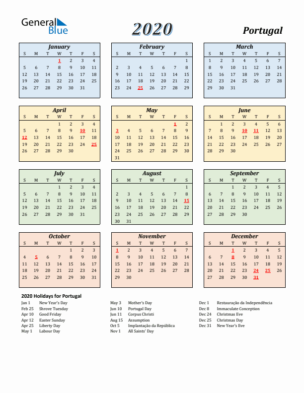 Portugal Calendar 2020 with Sunday Start