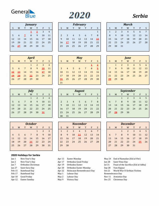 Serbia Calendar 2020 with Sunday Start
