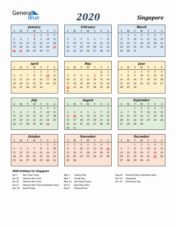 Singapore Calendar 2020 with Sunday Start
