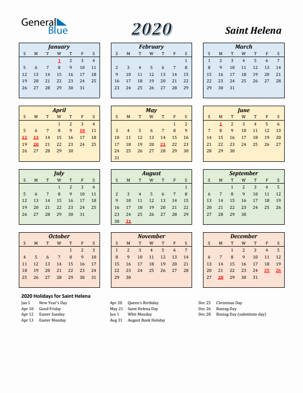 Saint Helena Calendar 2020 with Sunday Start