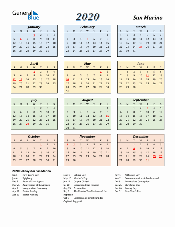 San Marino Calendar 2020 with Sunday Start
