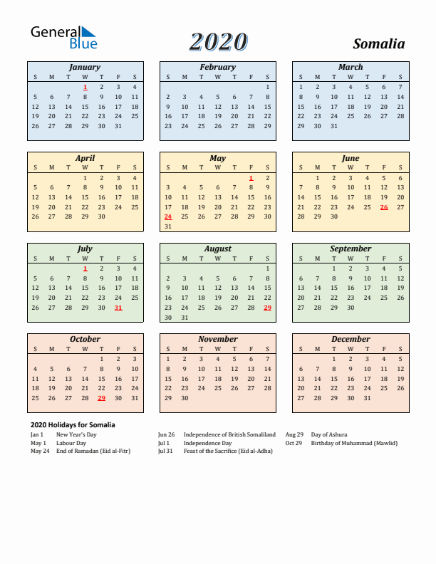 Somalia Calendar 2020 with Sunday Start