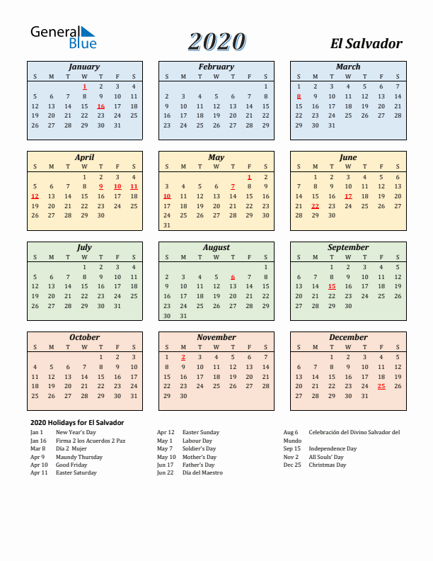 El Salvador Calendar 2020 with Sunday Start