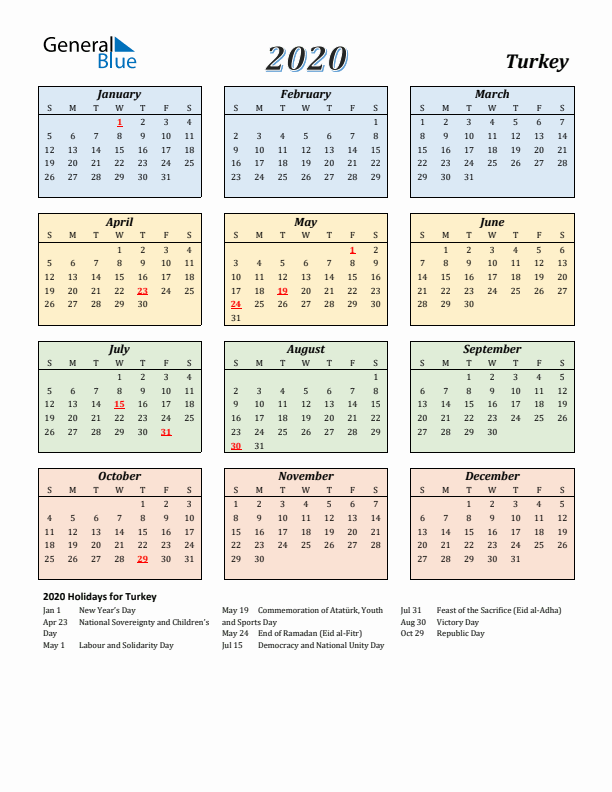 Turkey Calendar 2020 with Sunday Start