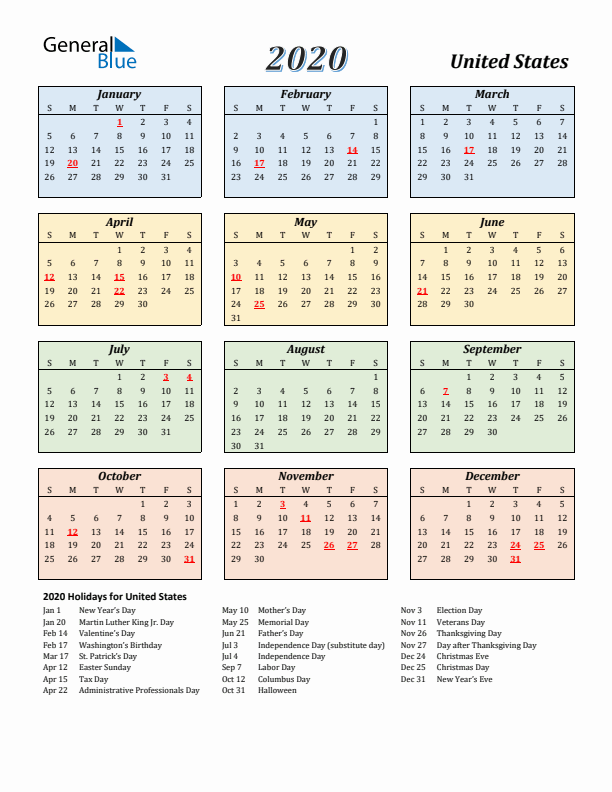 United States Calendar 2020 with Sunday Start