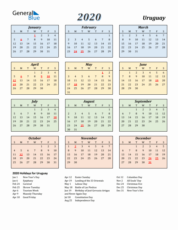 Uruguay Calendar 2020 with Sunday Start