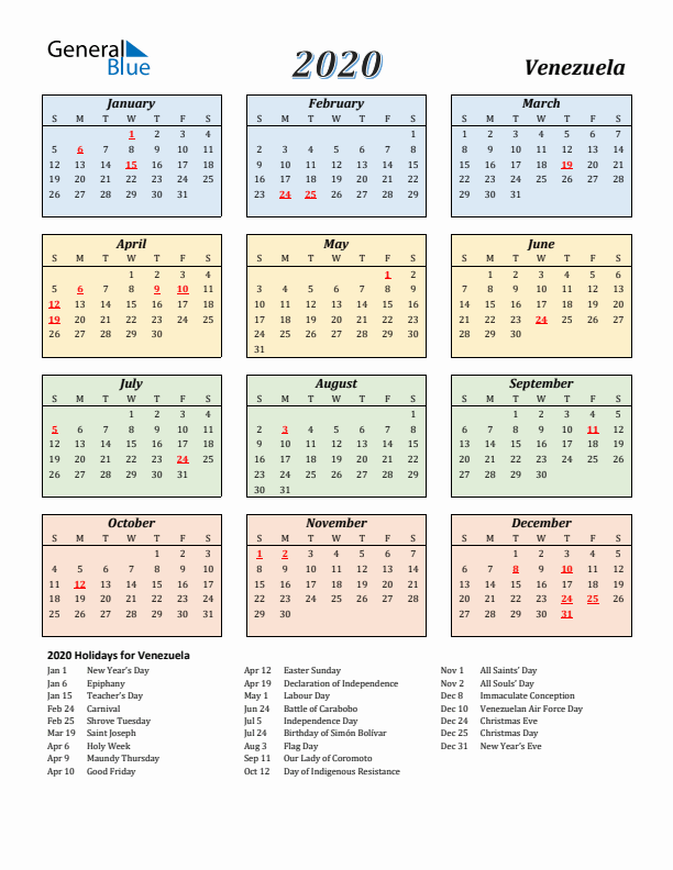 Venezuela Calendar 2020 with Sunday Start