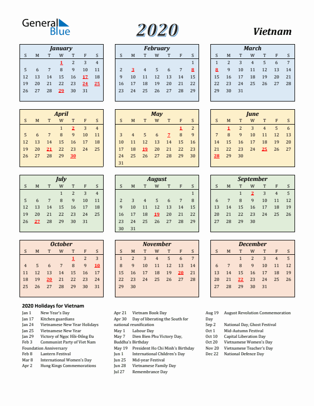 Vietnam Calendar 2020 with Sunday Start