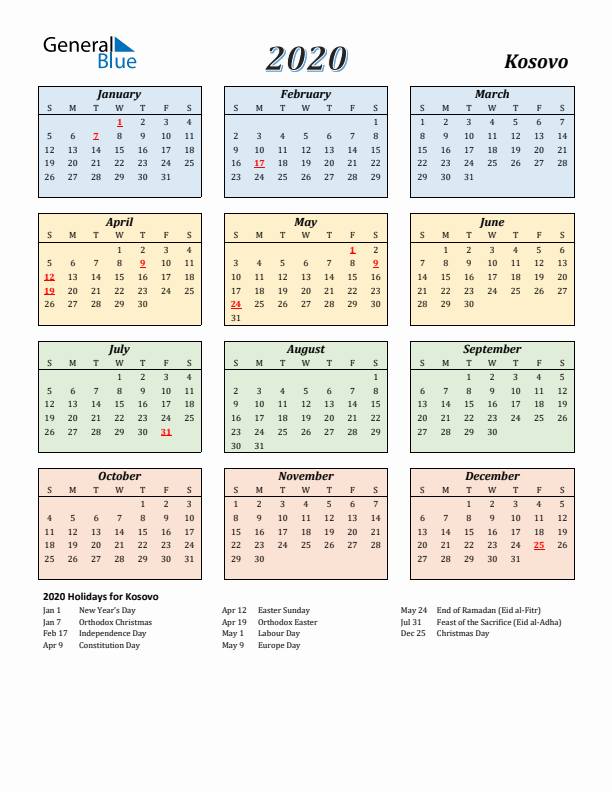 Kosovo Calendar 2020 with Sunday Start