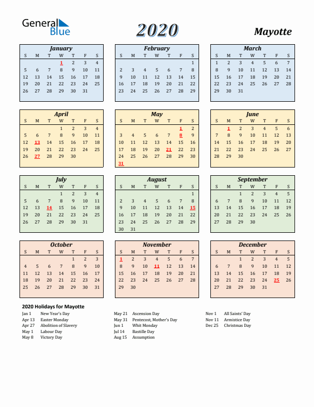 Mayotte Calendar 2020 with Sunday Start