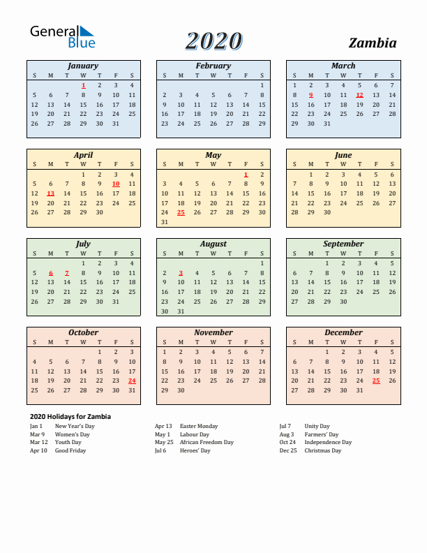 Zambia Calendar 2020 with Sunday Start