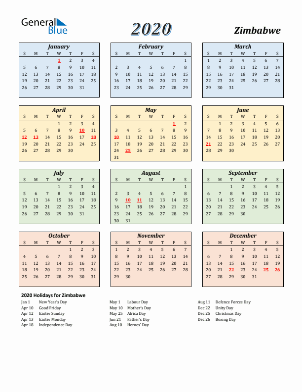 Zimbabwe Calendar 2020 with Sunday Start