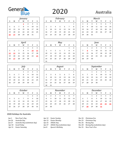 2020 Australia Calendar with Holidays