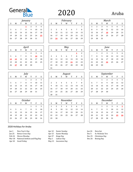 2020 Aruba Calendar with Holidays