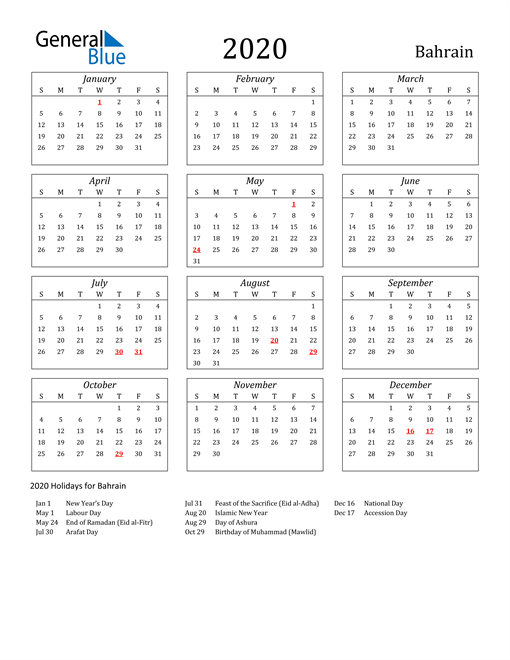 2020 Bahrain Calendar with Holidays