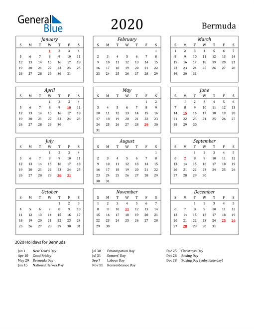2020 Bermuda Holiday Calendar
