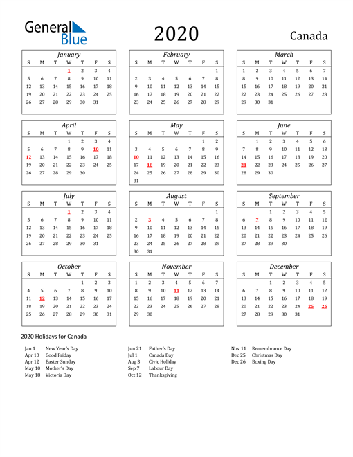 2020 Canada Holiday Calendar