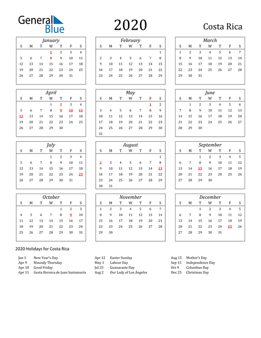 2020 Costa Rica Calendar with Holidays