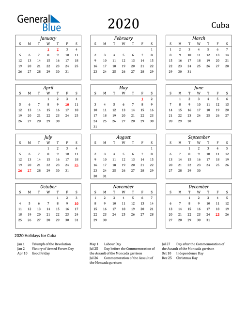 2020 Cuba Calendar with Holidays