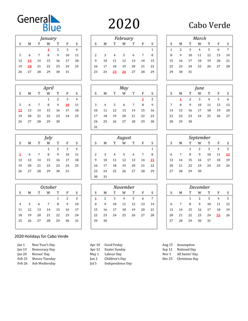2020 Cabo Verde Holiday Calendar