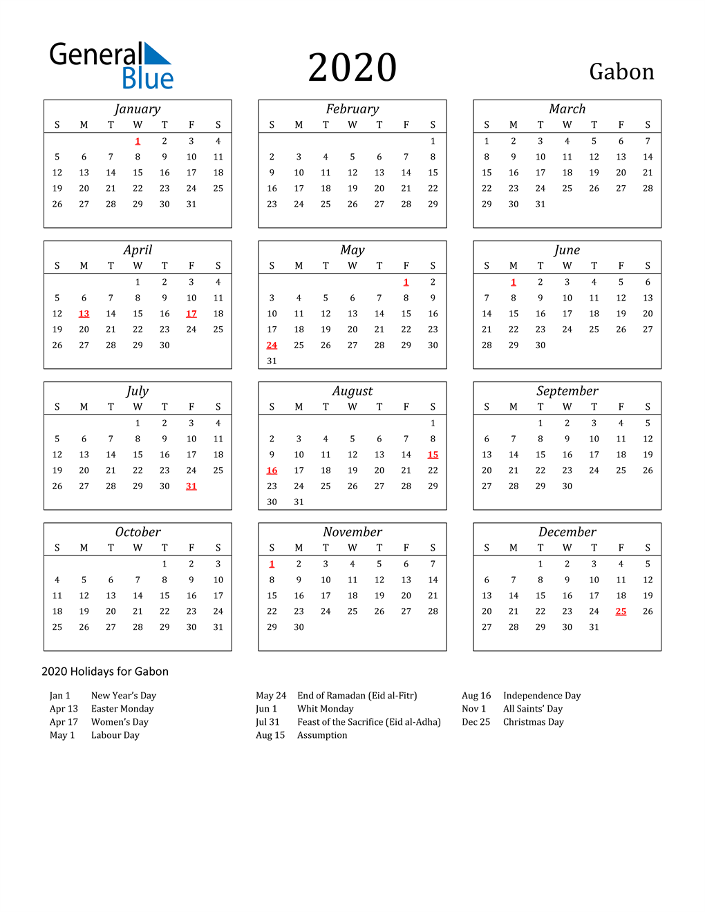 2020 Gabon Holiday Calendar