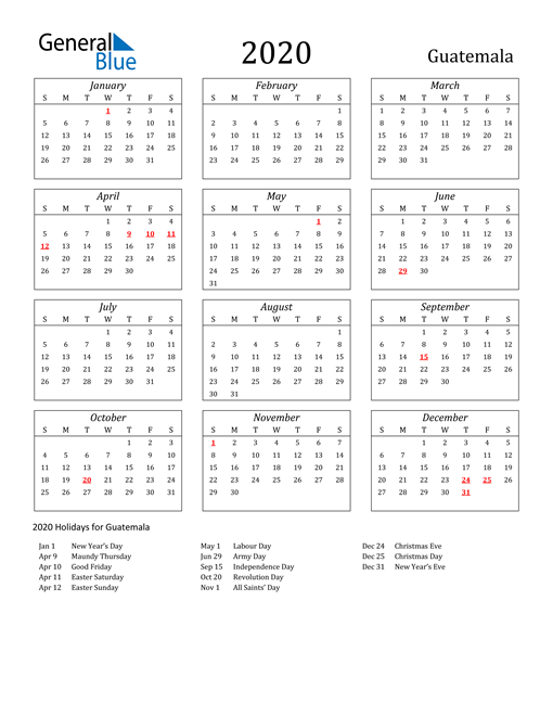 2020 Guatemala Holiday Calendar