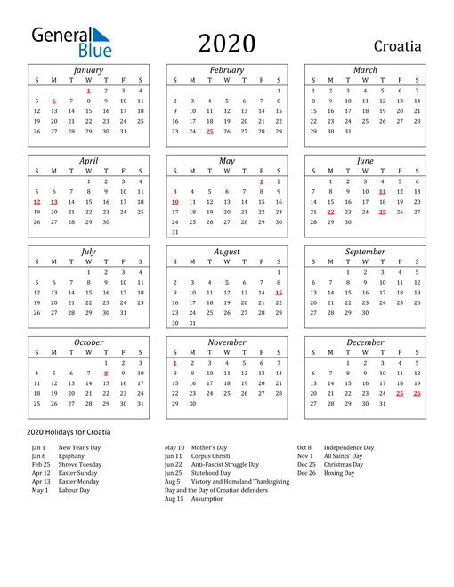 2020 Croatia Calendar with Holidays