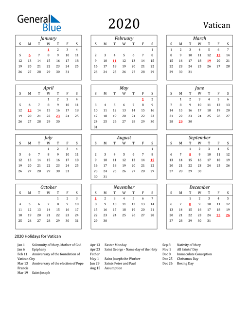 2020 Vatican Calendar with Holidays