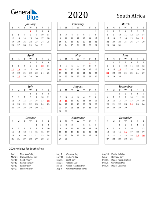 2020 South Africa Holiday Calendar