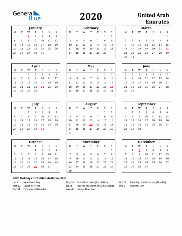 2020 United Arab Emirates Holiday Calendar - Monday Start