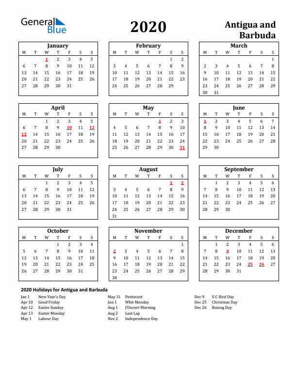 2020 Antigua and Barbuda Holiday Calendar - Monday Start