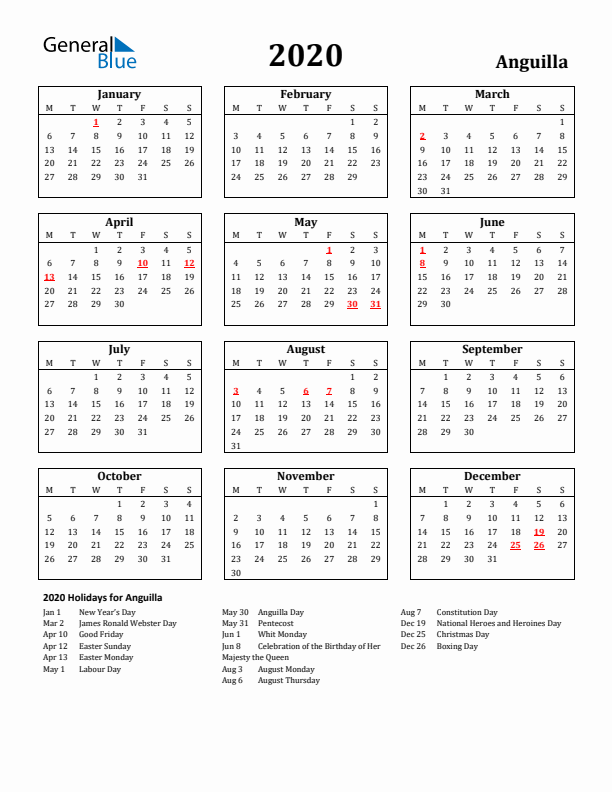 2020 Anguilla Holiday Calendar - Monday Start