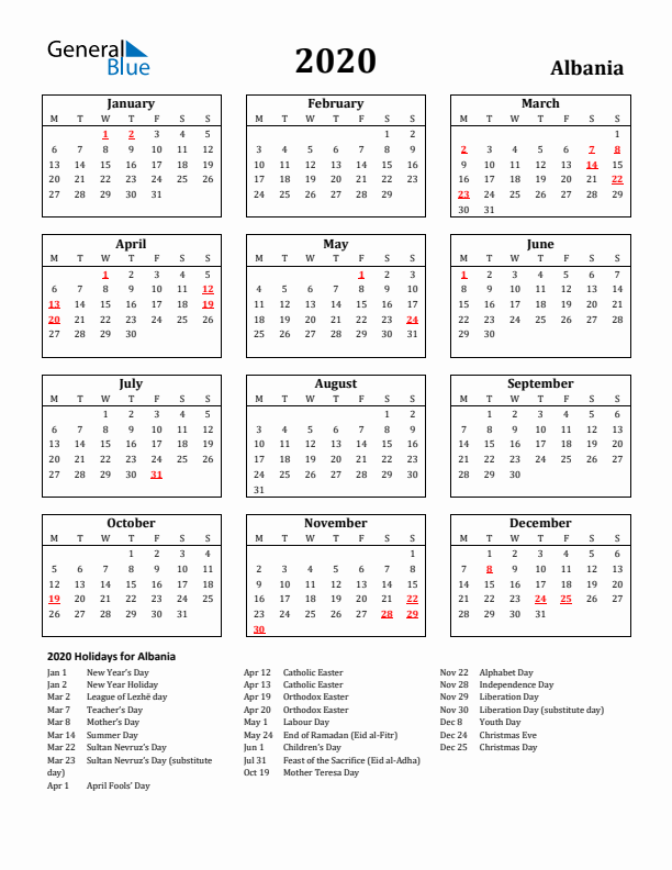 2020 Albania Holiday Calendar - Monday Start