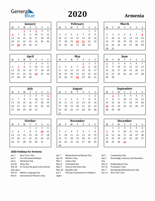 2020 Armenia Holiday Calendar - Monday Start