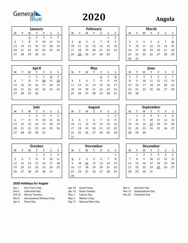 2020 Angola Holiday Calendar - Monday Start