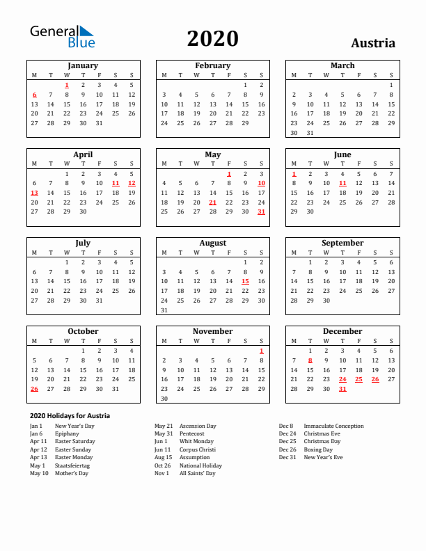 2020 Austria Holiday Calendar - Monday Start
