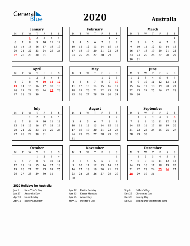 2020 Australia Holiday Calendar - Monday Start