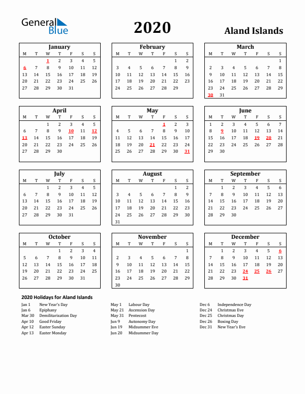 2020 Aland Islands Holiday Calendar - Monday Start