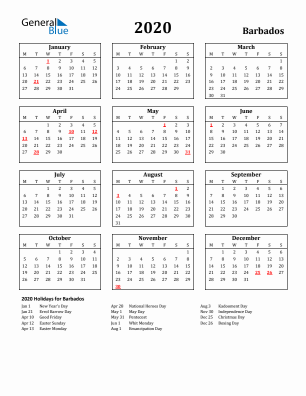 2020 Barbados Holiday Calendar - Monday Start