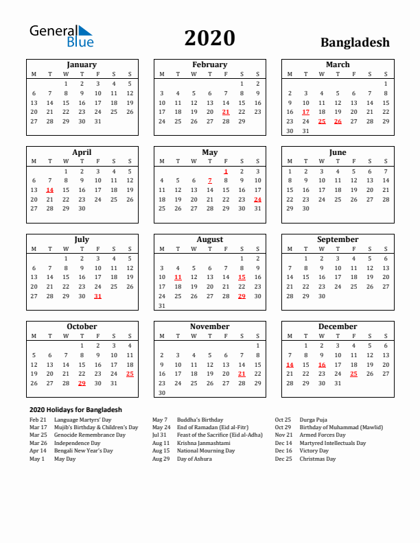 2020 Bangladesh Holiday Calendar - Monday Start