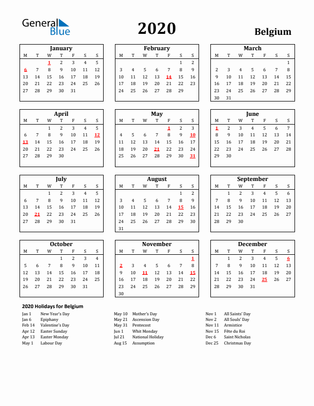 2020 Belgium Holiday Calendar - Monday Start