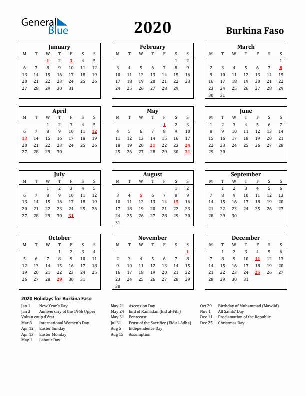 2020 Burkina Faso Holiday Calendar - Monday Start