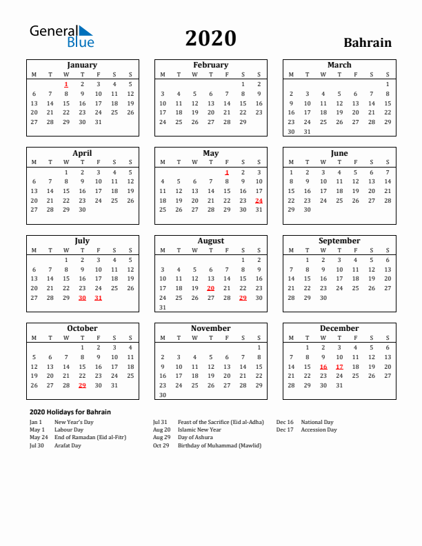 2020 Bahrain Holiday Calendar - Monday Start