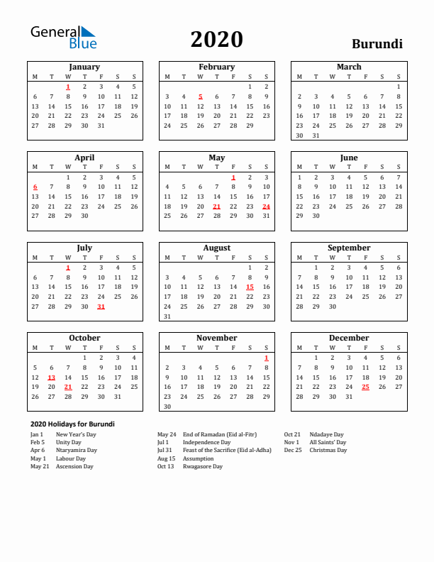 2020 Burundi Holiday Calendar - Monday Start