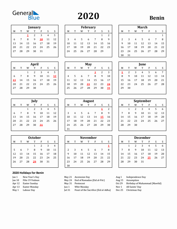 2020 Benin Holiday Calendar - Monday Start