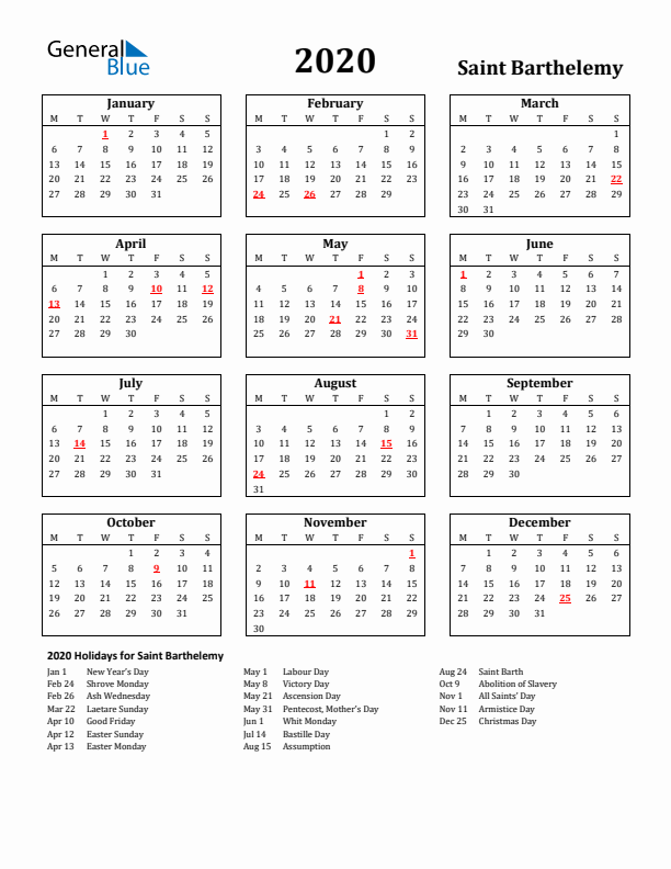 2020 Saint Barthelemy Holiday Calendar - Monday Start