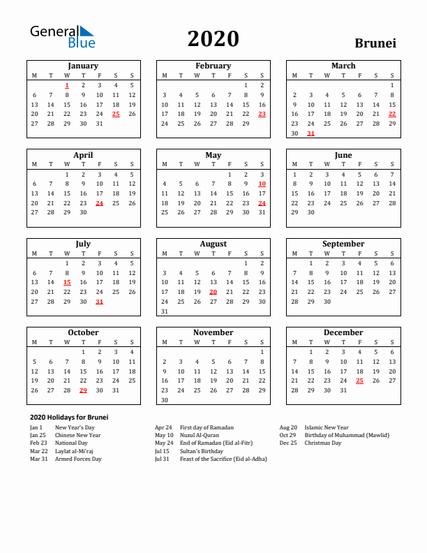 2020 Brunei Holiday Calendar - Monday Start