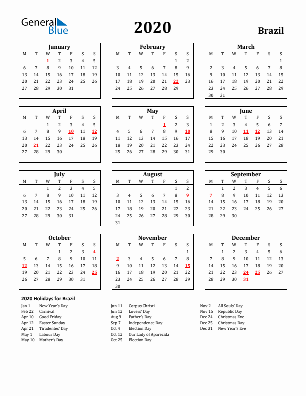2020 Brazil Holiday Calendar - Monday Start