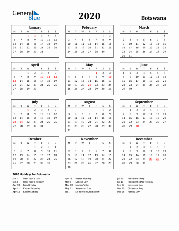 2020 Botswana Holiday Calendar - Monday Start