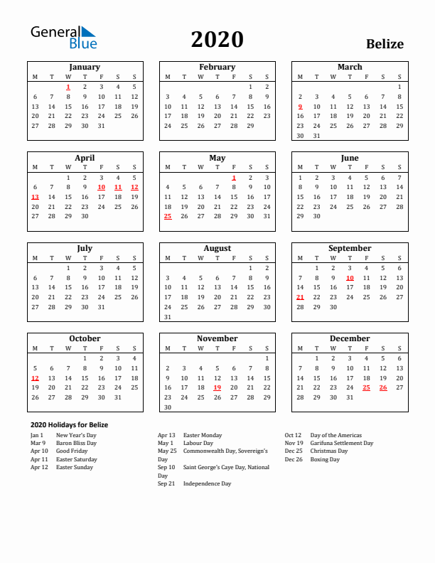 2020 Belize Holiday Calendar - Monday Start